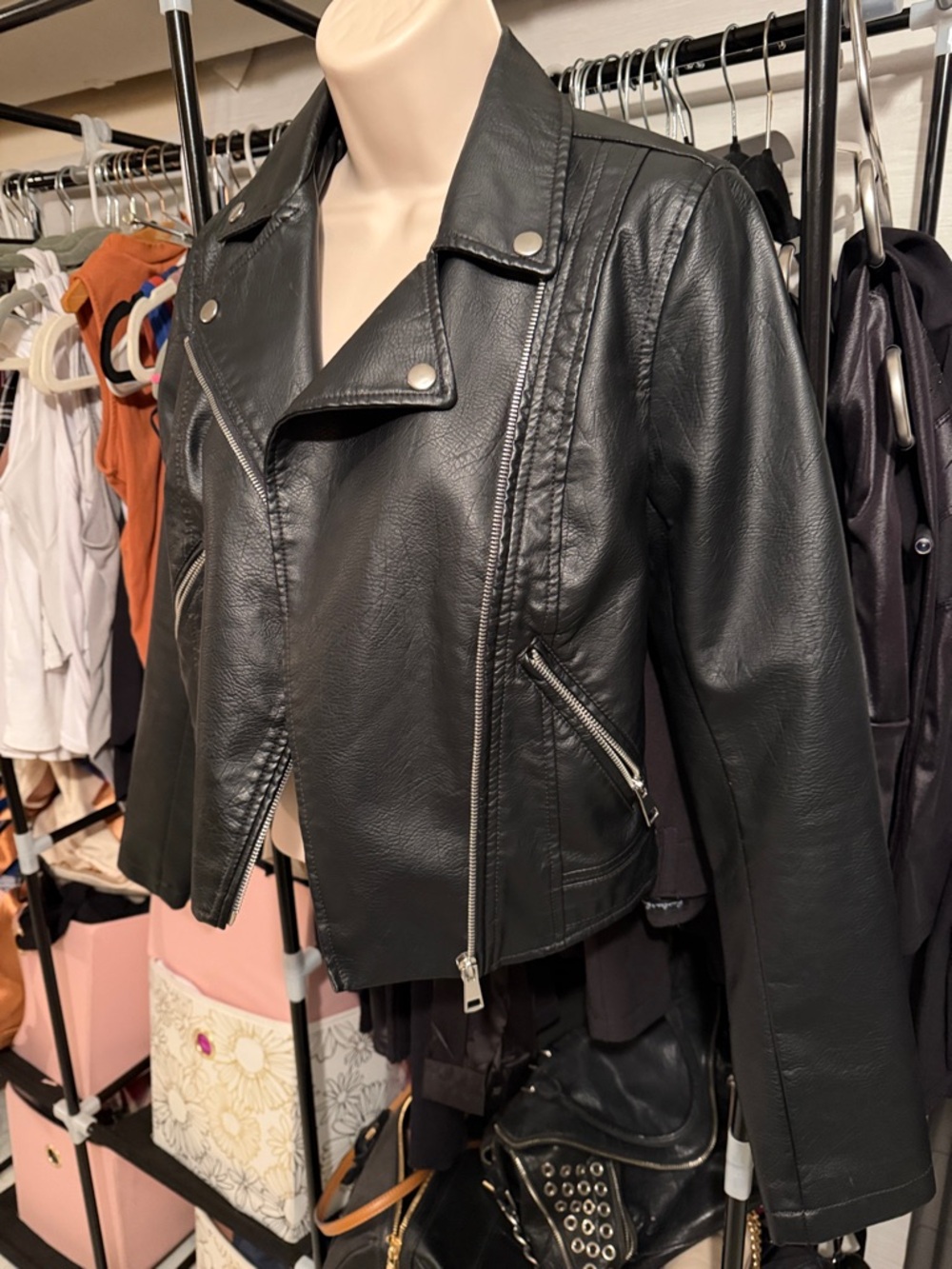 Womens Black Faux Leather Moto Jacket
